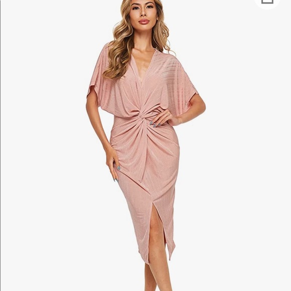 Short Sleeve V Neck Twist Front Split Midi Dress - Picture 2 of 7